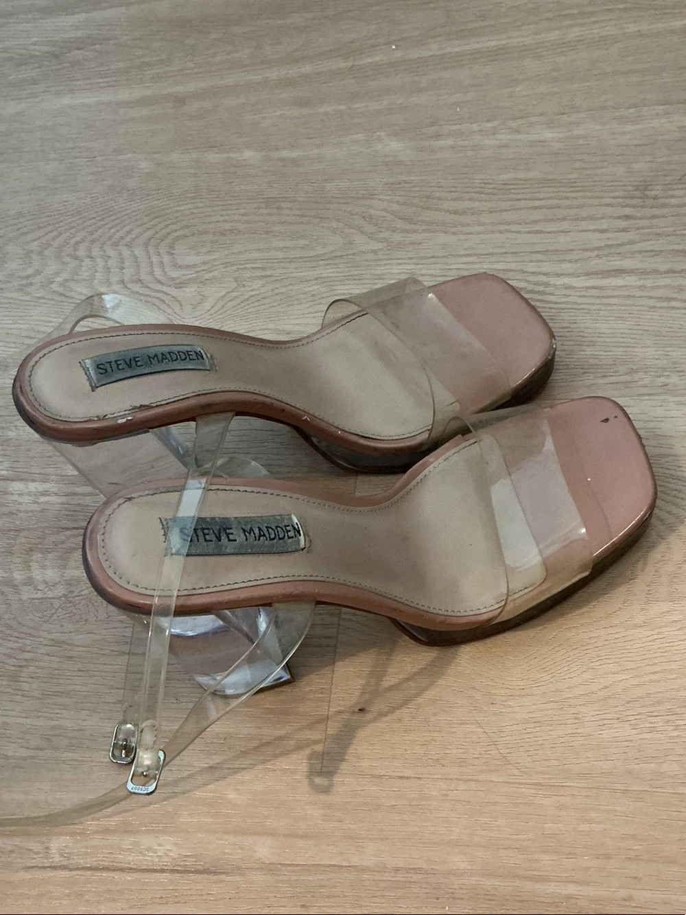 Women well worn Steve Madden Clear Strap Nude Pink Block Heel Sandals